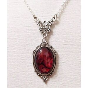 Silver Victorian Style Oval Red Quartz Pendant Necklace Large Crystal Goth New